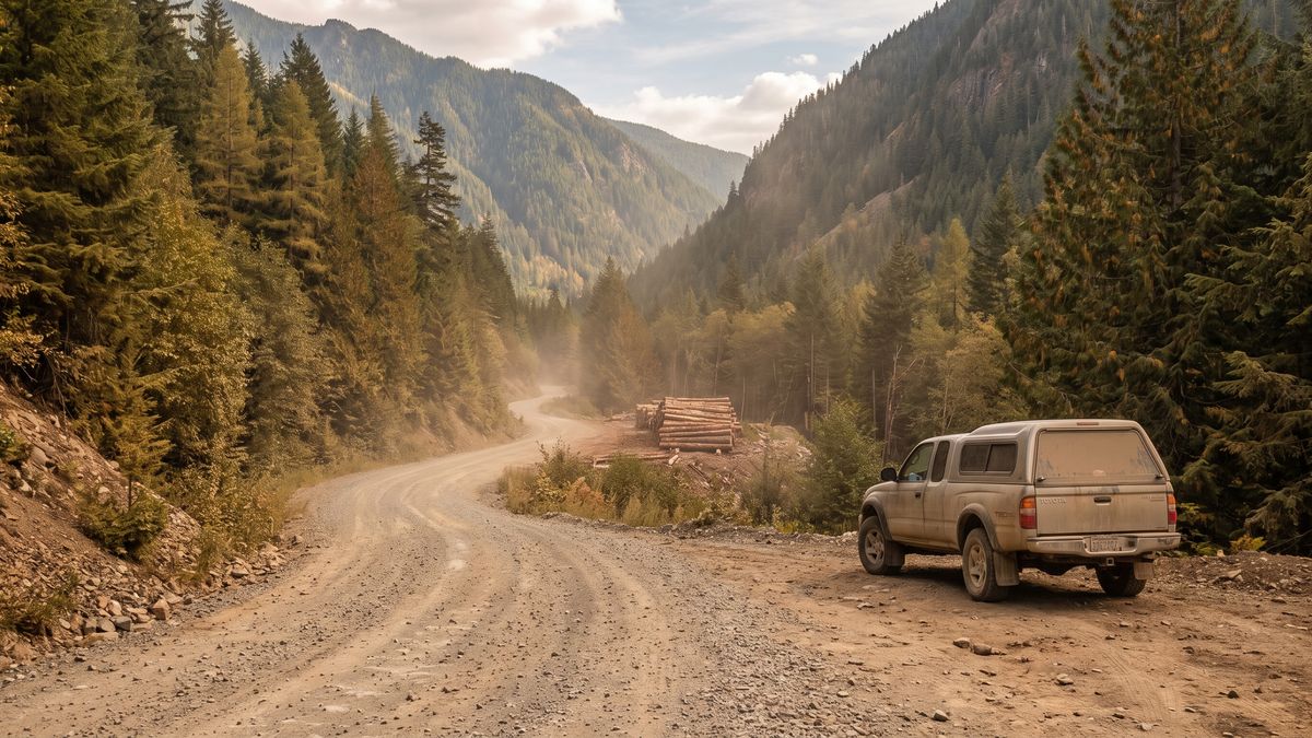 A gravel Forest Service Road climbing the Hollis Creek valley through cedar and larch, a dusty pickup at a pull-out
