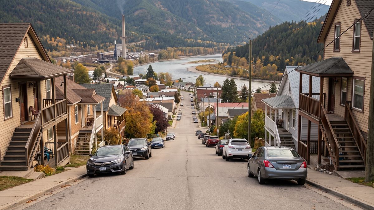A steep residential street on Larkspur Bench, older houses stepped up the hill and a view down over town to the river