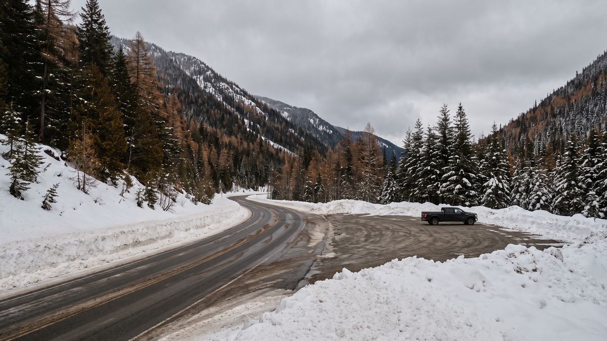 Highway 3 crossing the pass at Nighthawk Summit in winter, plowed snowbanks and a pickup parked in the chain-up pull-out