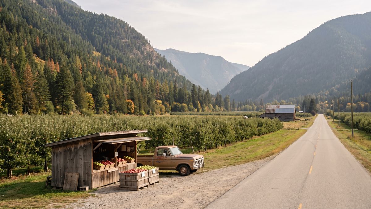 An old farm pickup parked beside a wooden fruit stand with crates of apples at the edge of an Orebank orchard