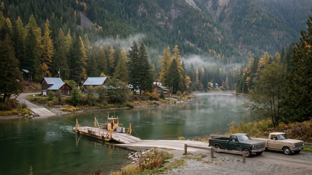 The small cable ferry approaching the Sheridan Landing ramp at dawn, two pickups waiting and gold larches on the far slope