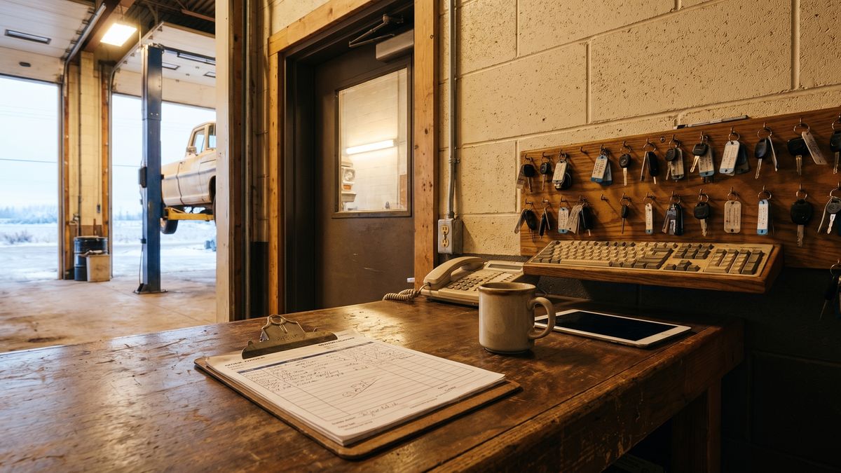 The Harkness front counter: a clipboard of carbon-copy work orders, tagged keys on the board behind, a desk phone and a coffee mug