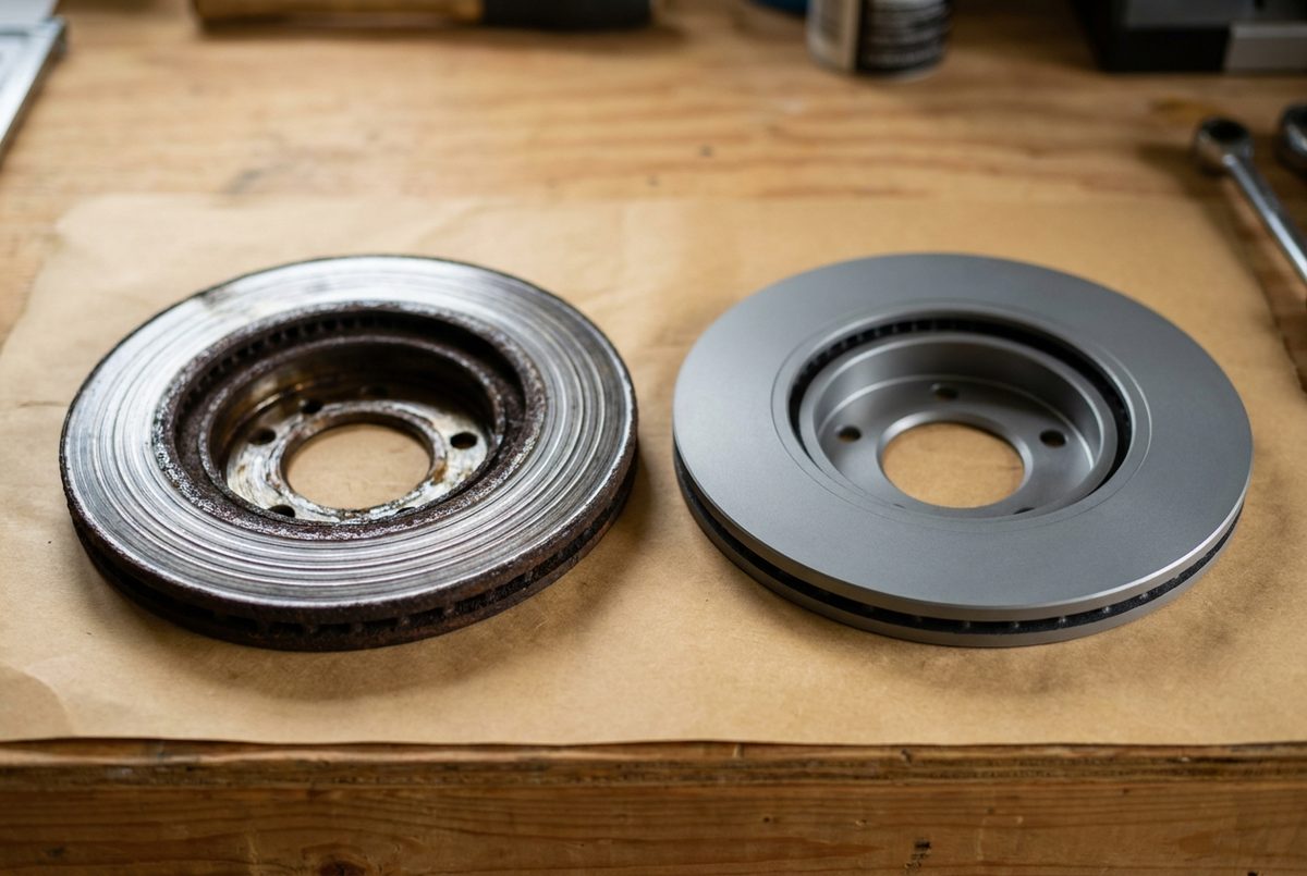 A worn, scored brake rotor beside its new replacement on kraft paper on the Harkness bench