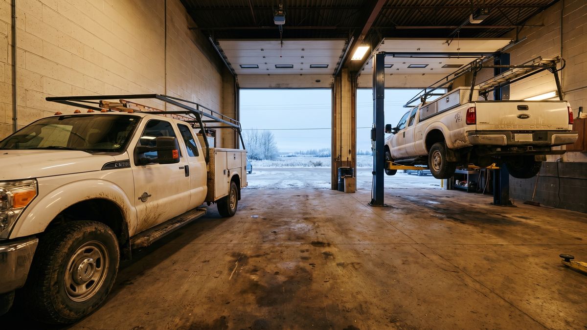 Two white work pickups with ladder racks in the Harkness bays, one raised on the hoist, winter light through the open doors