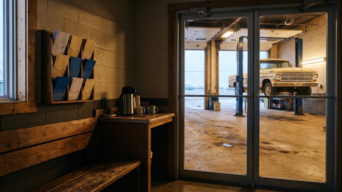 The waiting corner by the Harkness counter: a rack of folded guide sheets, a coffee station, and a pickup on the hoist through the bay door