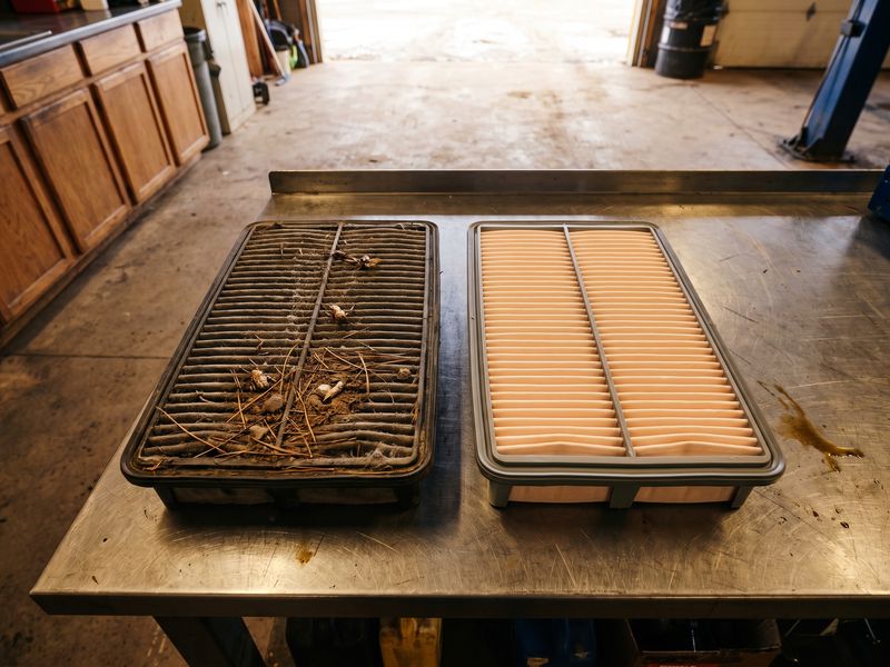 A dust-clogged engine air filter beside a clean new one on the bench