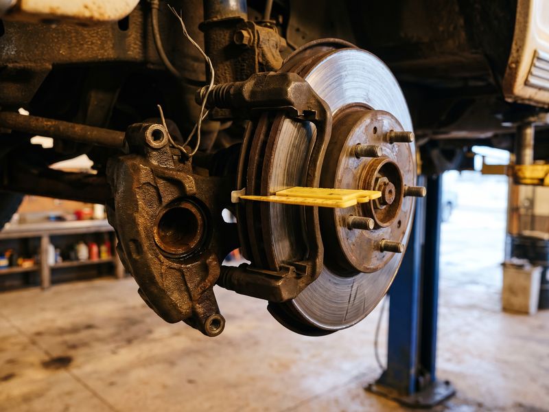 The front caliper hung off on a wire beside a scored rotor, a yellow pad gauge set against the rotor face