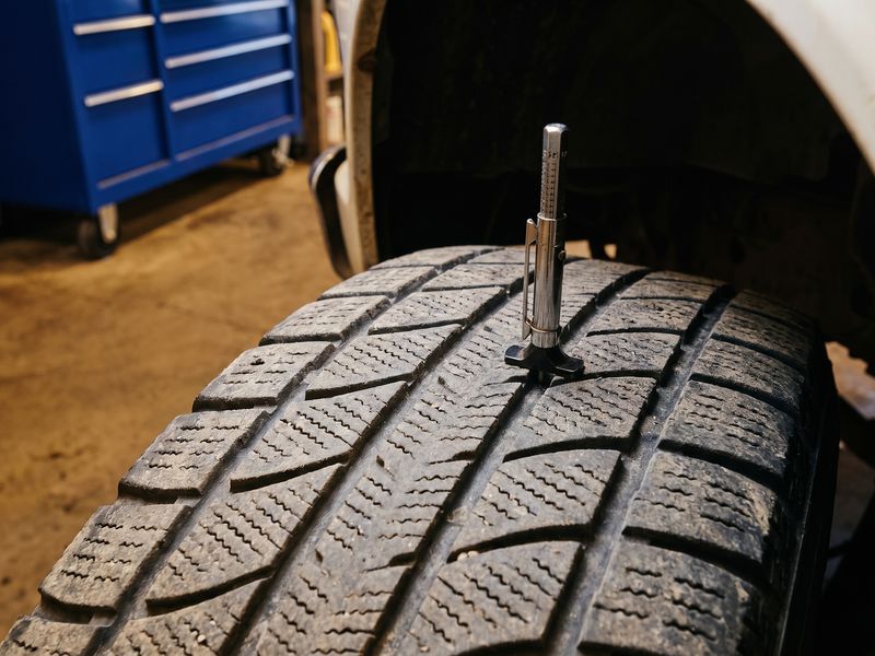 A tread depth gauge seated in the main groove of a worn winter tire