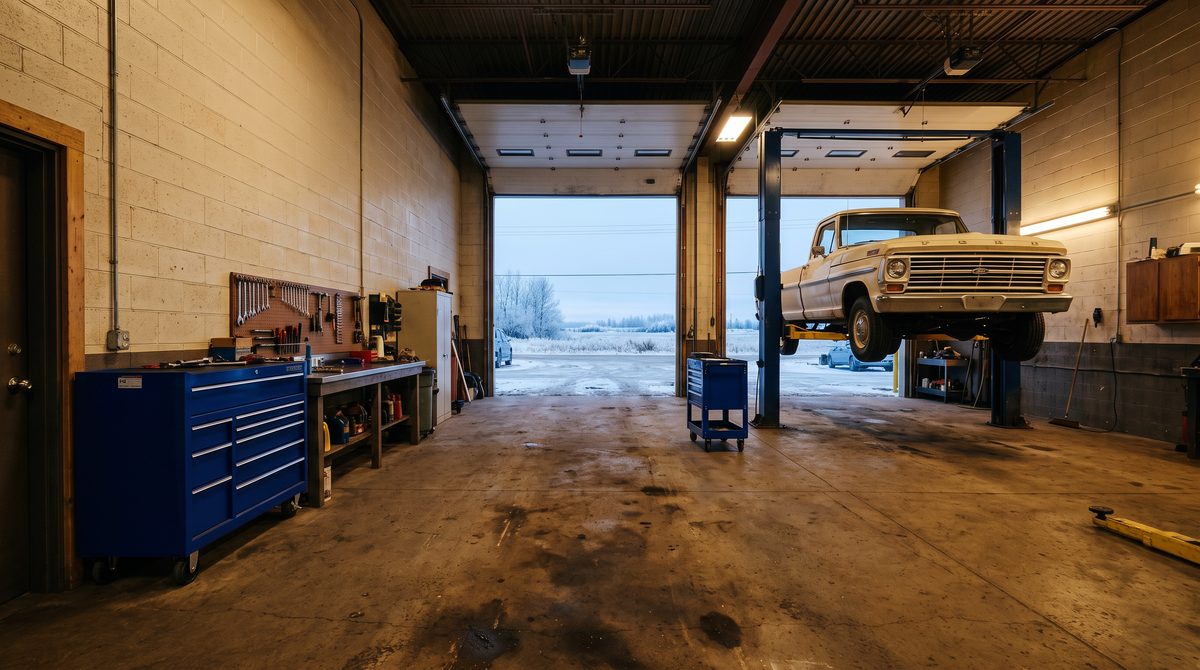 The Harkness service bays at dawn, a pickup raised on the hoist and the doors open to winter light