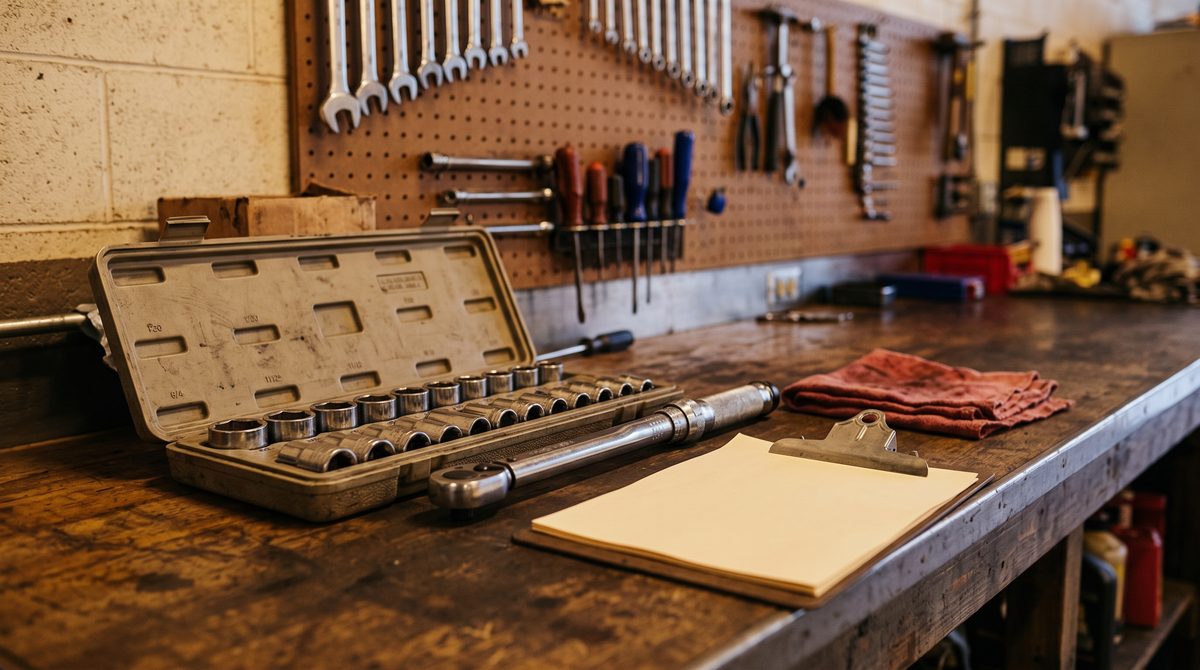 The Harkness workbench: torque wrench, socket tray, and a blank job card in morning light