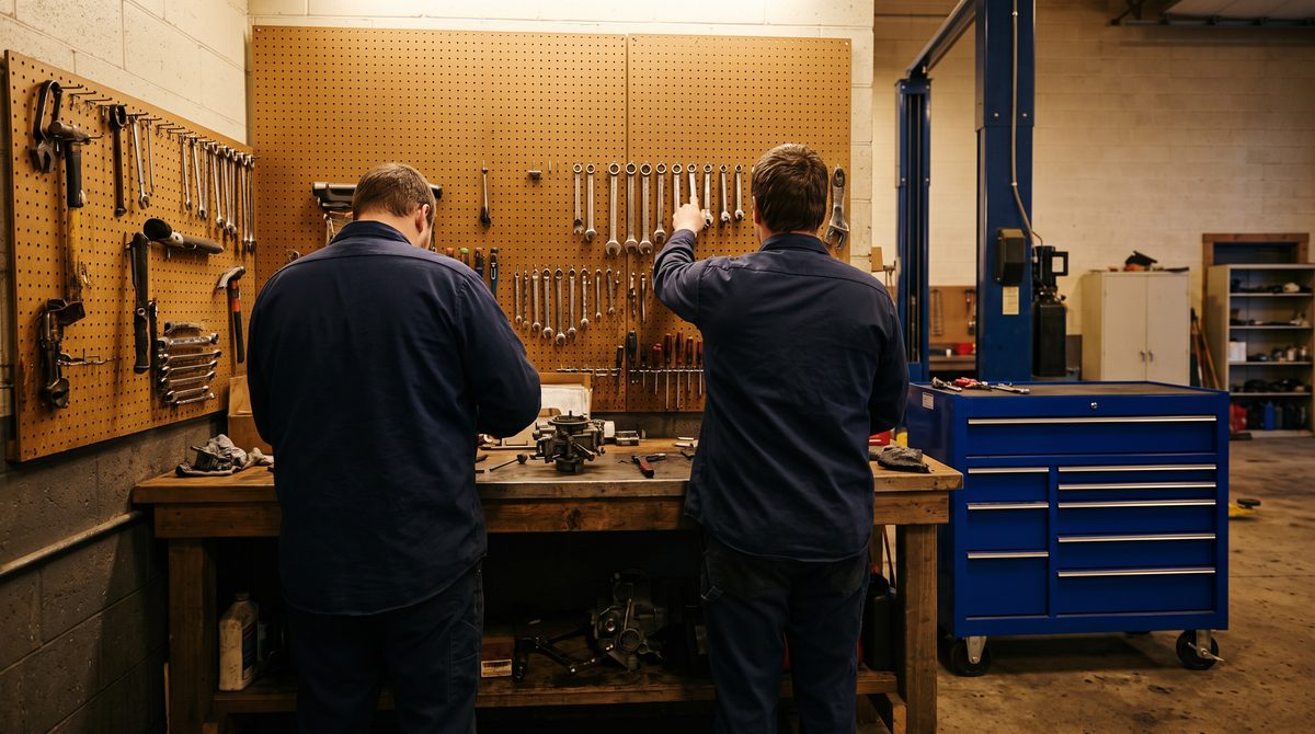 Two Harkness mechanics at the workbench, backs to the camera, facing the tool wall