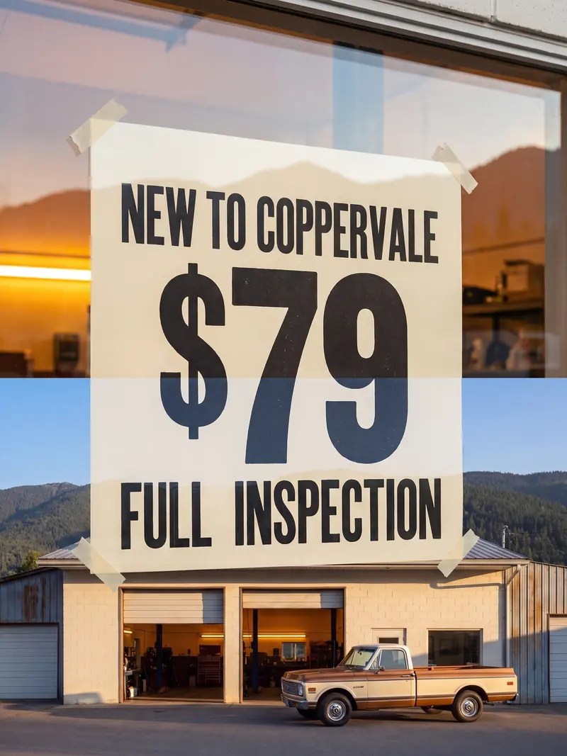 A printed card taped inside the shop window reading NEW TO COPPERVALE, $79, full inspection