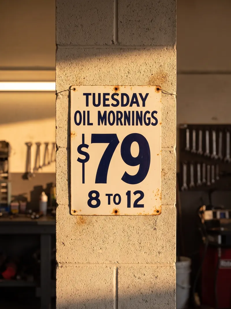 A painted tin sign wired to the bay wall reading TUESDAY OIL MORNINGS, $79, 8 to 12