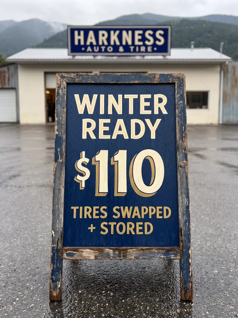 A hand-painted A-frame sandwich board outside the shop reading WINTER READY, $110, tires swapped and stored