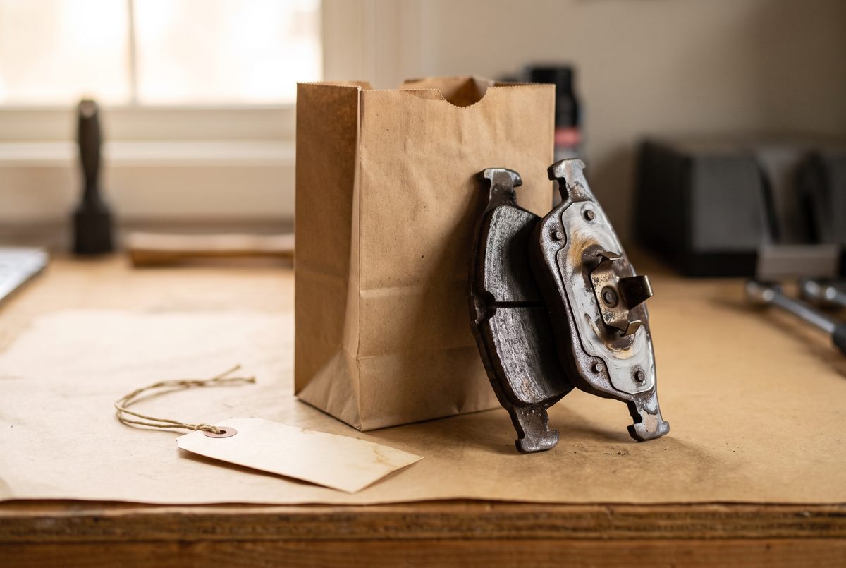 Worn brake pads leaning against a kraft paper bag with a blank tag, on the Harkness bench