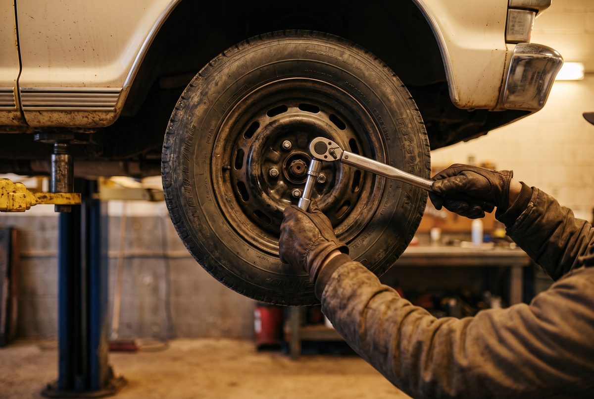 Gloved hands seating a torque wrench on a wheel lug at the Harkness shop