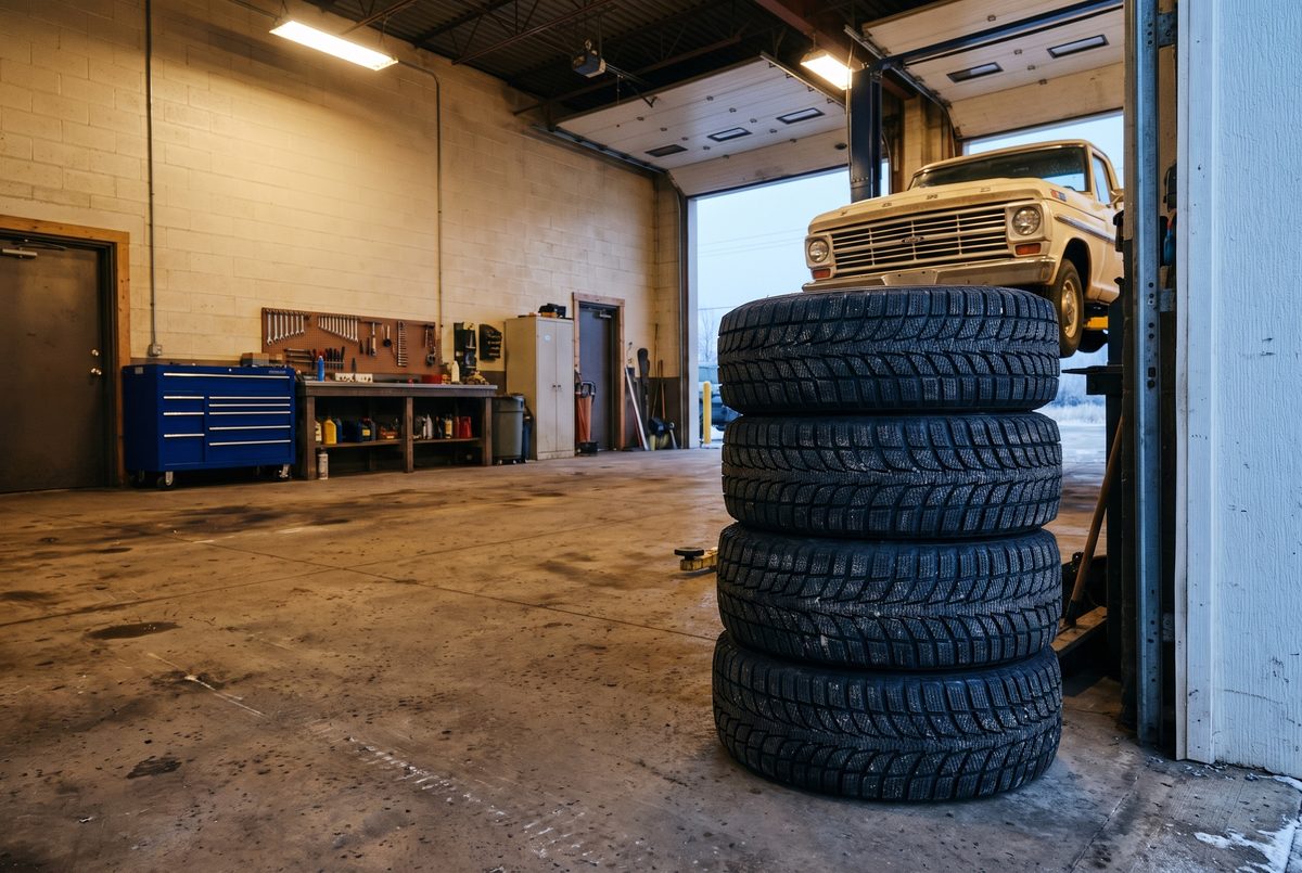 A stack of four winter tires on the Harkness shop floor by the open bay door