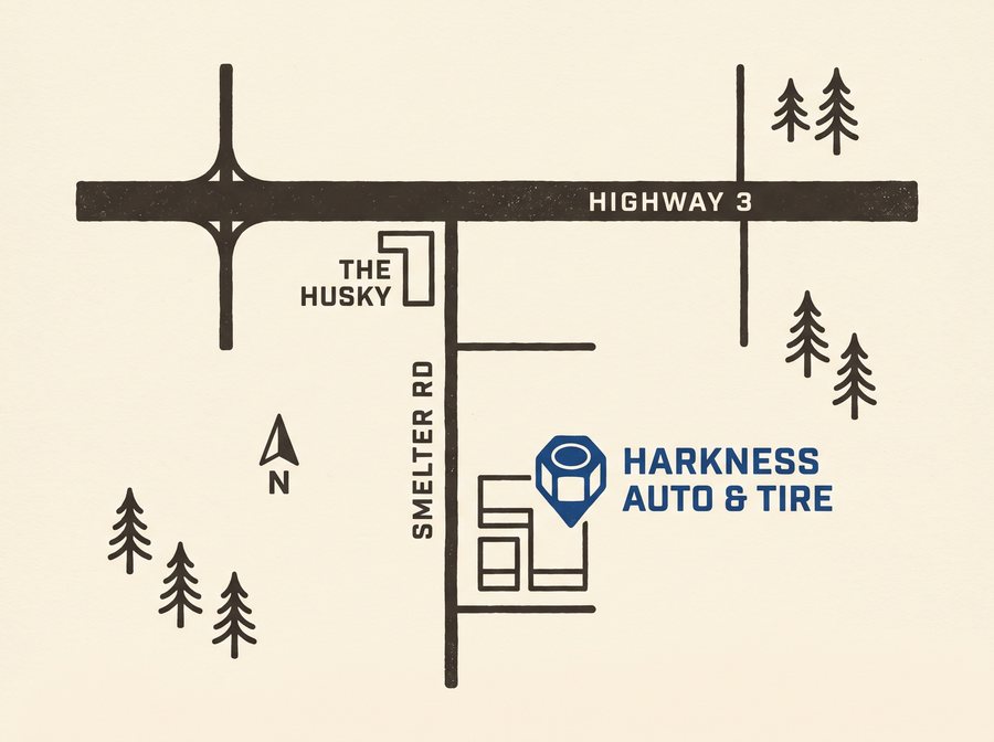 Hand-drawn map: from Highway 3 turn onto Smelter Road at the Husky, Harkness Auto & Tire is two blocks south, marked with a cobalt lug-nut pin