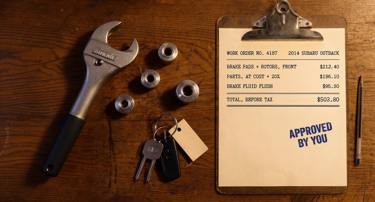 Work order No. 4187 on the counter beside a torque wrench, sockets, and tagged keys: three priced lines, a $503.80 total, and the cobalt Approved By You stamp