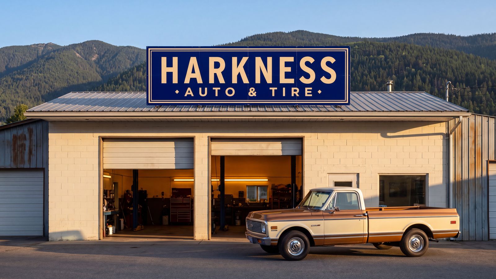 Harkness Auto & Tire in Coppervale, BC: the enamel sign over two open bays, a vintage pickup out front, Kootenay mountains behind